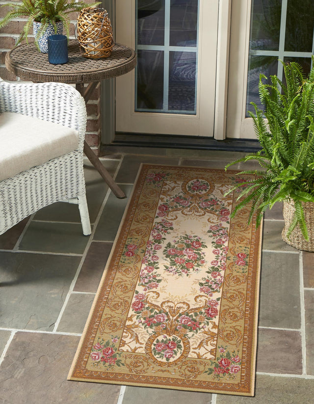 Ivory and Beige 2' 7 x 10' Outdoor Traditional Runner Area Rug Weather Resistant for Patio, Deck, Terrace, Balcony, Porch Classical Design Outside Carpet for Sale at Rug Engine