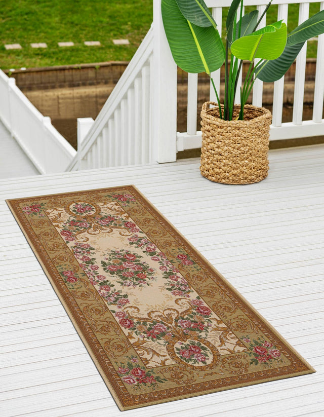 Ivory and Beige 2' 7 x 10' Outdoor Traditional Runner Area Rug Weather Resistant for Patio, Deck, Terrace, Balcony, Porch Classical Design Outside Carpet for Sale at Rug Engine