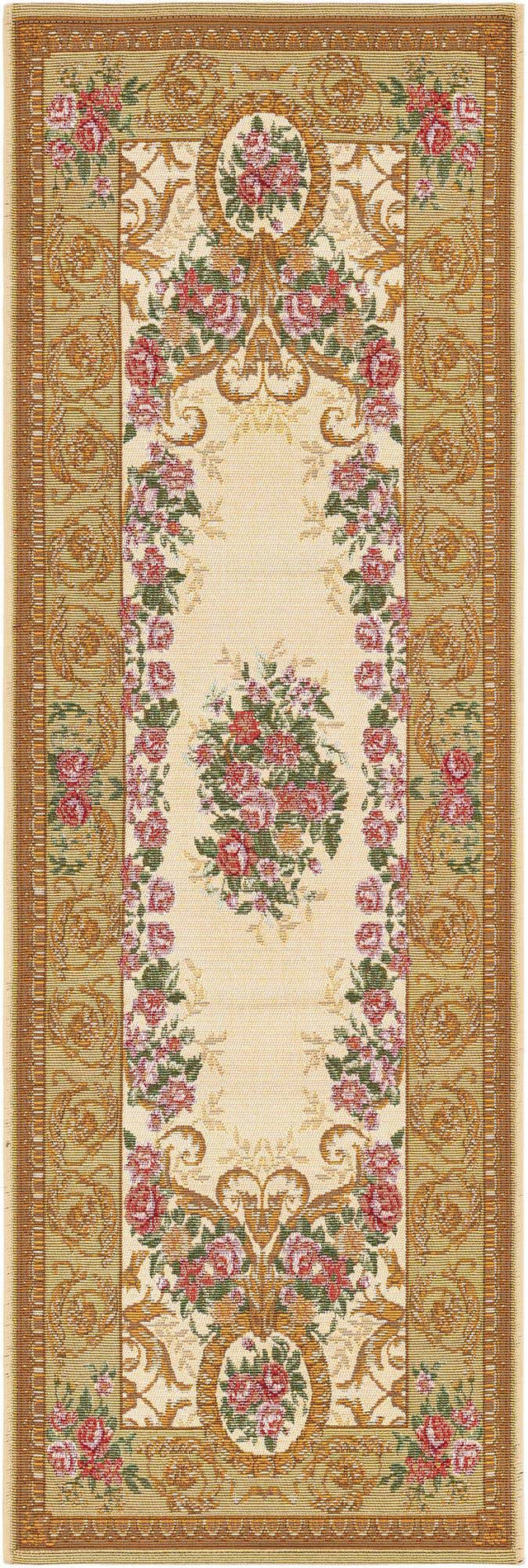 Ivory and Beige 2' x 6' 1 Outdoor Traditional Runner Area Rug Weather Resistant for Patio, Deck, Terrace, Balcony, Porch Classical Design Outside Carpet for Sale at Rug Engine