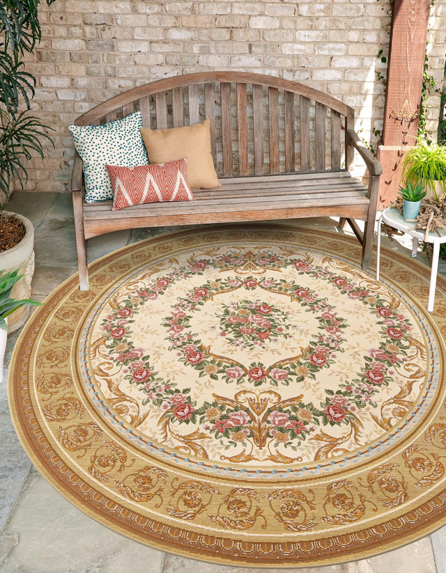 Ivory and Beige 7' 10 x 7' 10 Outdoor Traditional Round Area Rug Weather Resistant for Patio, Deck, Terrace, Balcony, Porch Classical Design Outside Carpet for Sale at Rug Engine