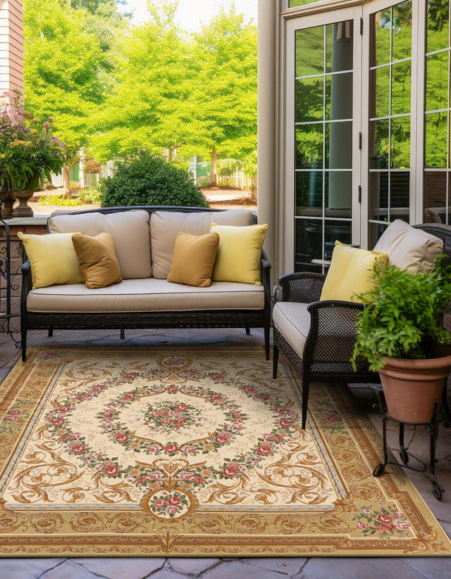 Ivory and Beige 10' x 10' Outdoor Traditional Square Area Rug Weather Resistant for Patio, Deck, Terrace, Balcony, Porch Classical Design Outside Carpet for Sale at Rug Engine