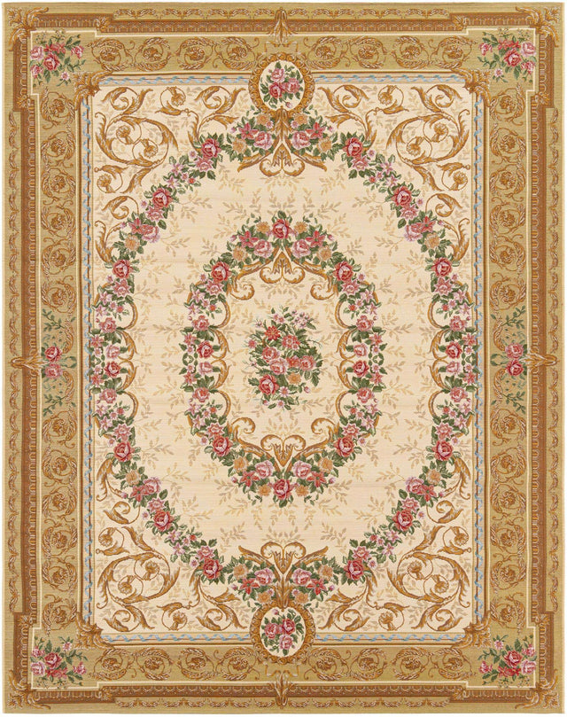 Ivory and Beige 7' 10 x 10' Outdoor Traditional Rectangle Area Rug Weather Resistant for Patio, Deck, Terrace, Balcony, Porch Classical Design Outside Carpet for Sale at Rug Engine