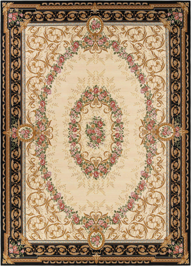 Black and Ivory 10' x 14' 1 Outdoor Traditional Rectangle Area Rug Weather Resistant for Patio, Deck, Terrace, Balcony, Porch Classical Design Outside Carpet for Sale at Rug Engine