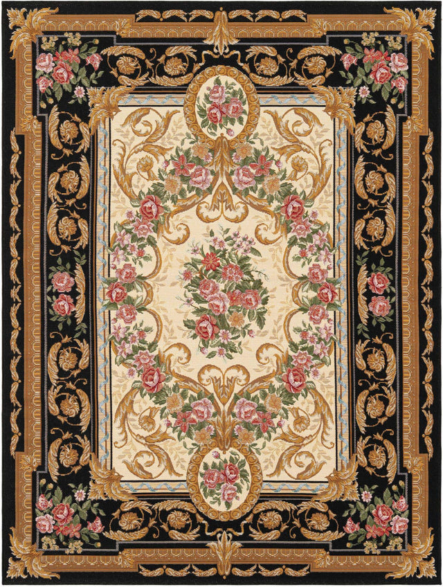 Black and Ivory 5' 1 x 7' 1 Outdoor Traditional Rectangle Area Rug Weather Resistant for Patio, Deck, Terrace, Balcony, Porch Classical Design Outside Carpet for Sale at Rug Engine