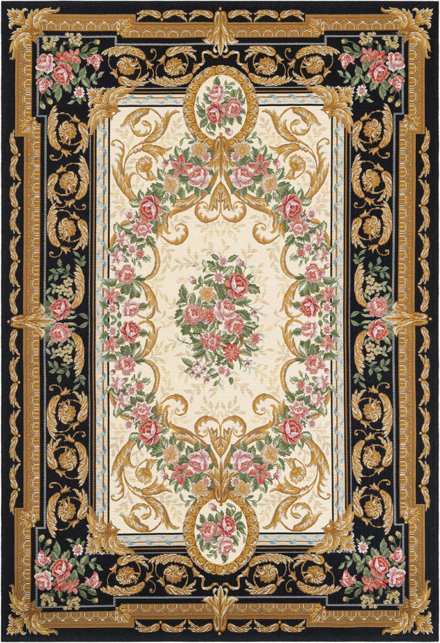 Black and Ivory 5' 1 x 8' Outdoor Traditional Rectangle Area Rug Weather Resistant for Patio, Deck, Terrace, Balcony, Porch Classical Design Outside Carpet for Sale at Rug Engine