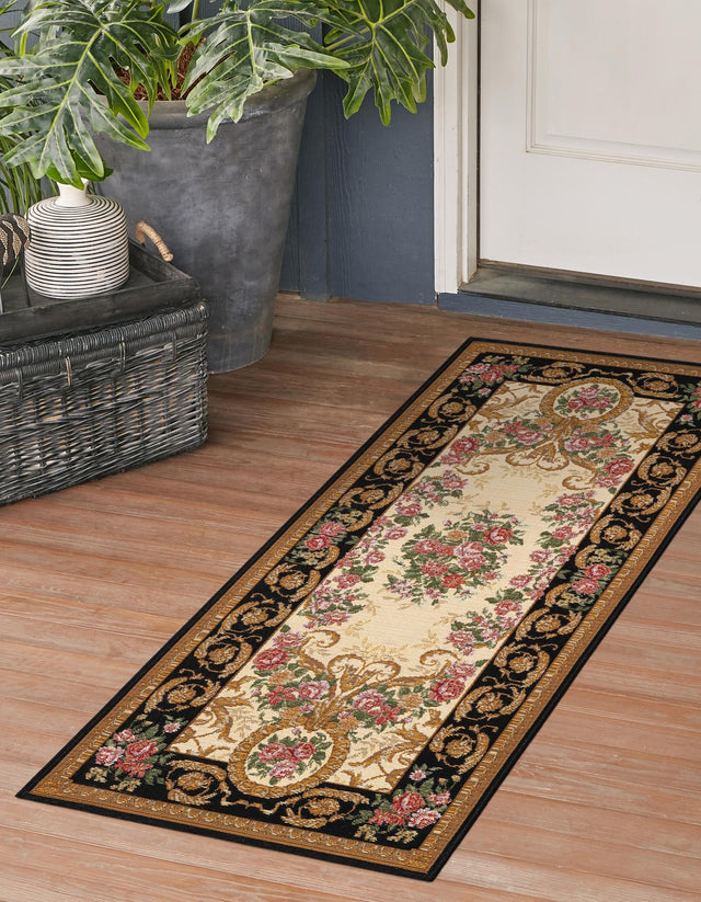 Black and Ivory 2' x 6' 1 Outdoor Traditional Runner Area Rug Weather Resistant for Patio, Deck, Terrace, Balcony, Porch Classical Design Outside Carpet for Sale at Rug Engine