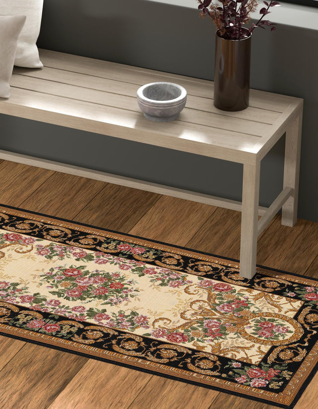 Black and Ivory 2' x 6' 1 Outdoor Traditional Runner Area Rug Weather Resistant for Patio, Deck, Terrace, Balcony, Porch Classical Design Outside Carpet for Sale at Rug Engine