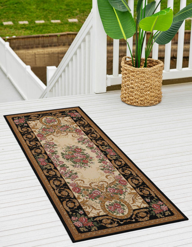 Black and Ivory 2' x 6' 1 Outdoor Traditional Runner Area Rug Weather Resistant for Patio, Deck, Terrace, Balcony, Porch Classical Design Outside Carpet for Sale at Rug Engine