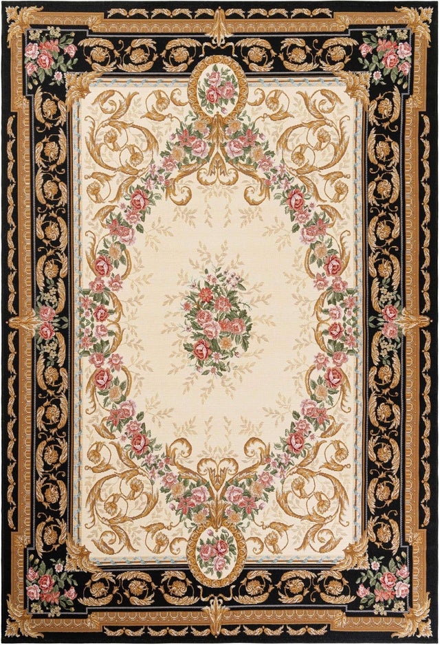 Black and Ivory 6' 1 x 9' Outdoor Traditional Rectangle Area Rug Weather Resistant for Patio, Deck, Terrace, Balcony, Porch Classical Design Outside Carpet for Sale at Rug Engine