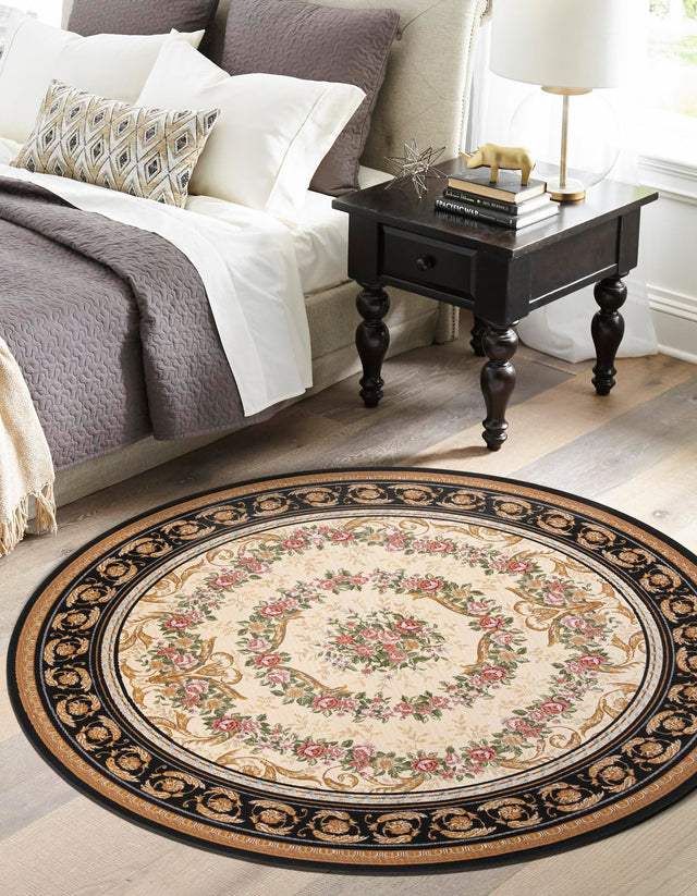 Black and Ivory 4' 1 x 4' 1 Outdoor Traditional Round Area Rug Weather Resistant for Patio, Deck, Terrace, Balcony, Porch Classical Design Outside Carpet for Sale at Rug Engine