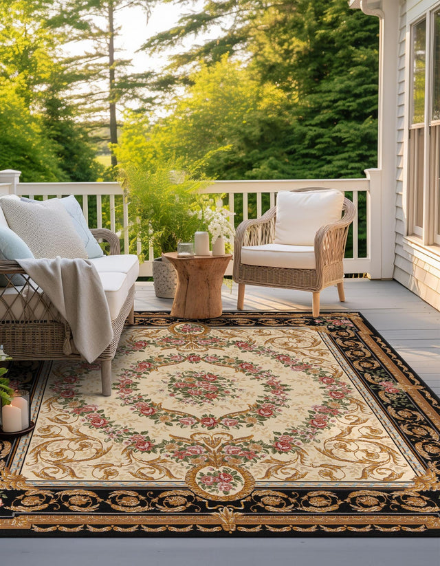 Black and Ivory 10' x 10' Outdoor Traditional Square Area Rug Weather Resistant for Patio, Deck, Terrace, Balcony, Porch Classical Design Outside Carpet for Sale at Rug Engine
