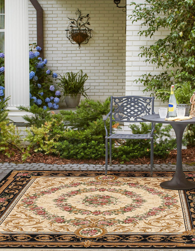 Black and Ivory 10' x 10' Outdoor Traditional Square Area Rug Weather Resistant for Patio, Deck, Terrace, Balcony, Porch Classical Design Outside Carpet for Sale at Rug Engine