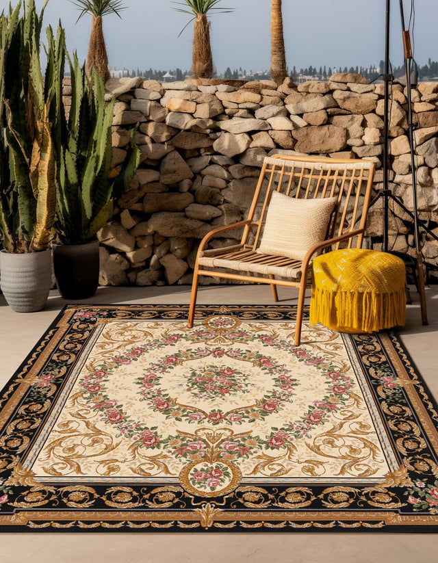 Black and Ivory 7' 10 x 7' 10 Outdoor Traditional Square Area Rug Weather Resistant for Patio, Deck, Terrace, Balcony, Porch Classical Design Outside Carpet for Sale at Rug Engine