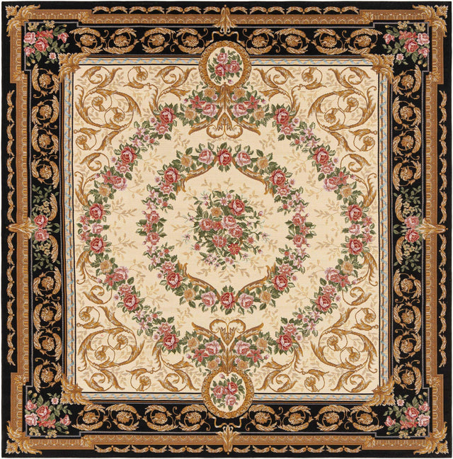 Black and Ivory 7' 10 x 7' 10 Outdoor Traditional Square Area Rug Weather Resistant for Patio, Deck, Terrace, Balcony, Porch Classical Design Outside Carpet for Sale at Rug Engine