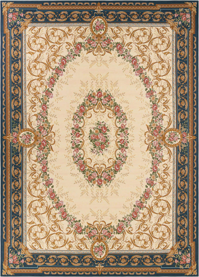 Navy Blue and Ivory 10' x 14' 1 Outdoor Traditional Rectangle Area Rug Weather Resistant for Patio, Deck, Terrace, Balcony, Porch Classical Design Outside Carpet for Sale at Rug Engine