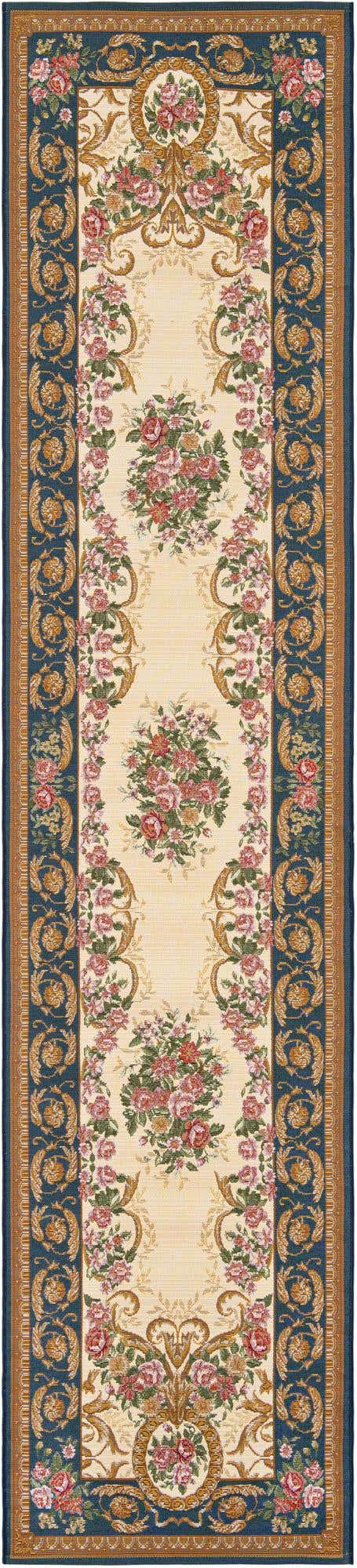 Navy Blue and Ivory 2' 7 x 12' Outdoor Traditional Runner Area Rug Weather Resistant for Patio, Deck, Terrace, Balcony, Porch Classical Design Outside Carpet for Sale at Rug Engine