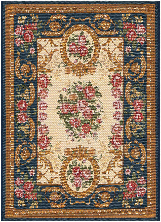Navy Blue and Ivory 2' x 3' 1 Outdoor Traditional Rectangle Area Rug Weather Resistant for Patio, Deck, Terrace, Balcony, Porch Classical Design Outside Carpet for Sale at Rug Engine