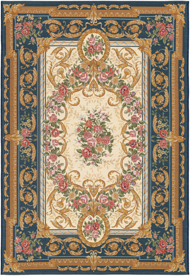 Navy Blue and Ivory 4' 1 x 6' 1 Outdoor Traditional Rectangle Area Rug Weather Resistant for Patio, Deck, Terrace, Balcony, Porch Classical Design Outside Carpet for Sale at Rug Engine