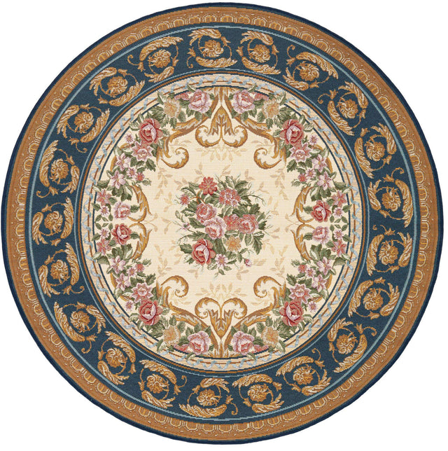 Navy Blue and Ivory 5' 1 x 5' 1 Outdoor Traditional Round Area Rug Weather Resistant for Patio, Deck, Terrace, Balcony, Porch Classical Design Outside Carpet for Sale at Rug Engine