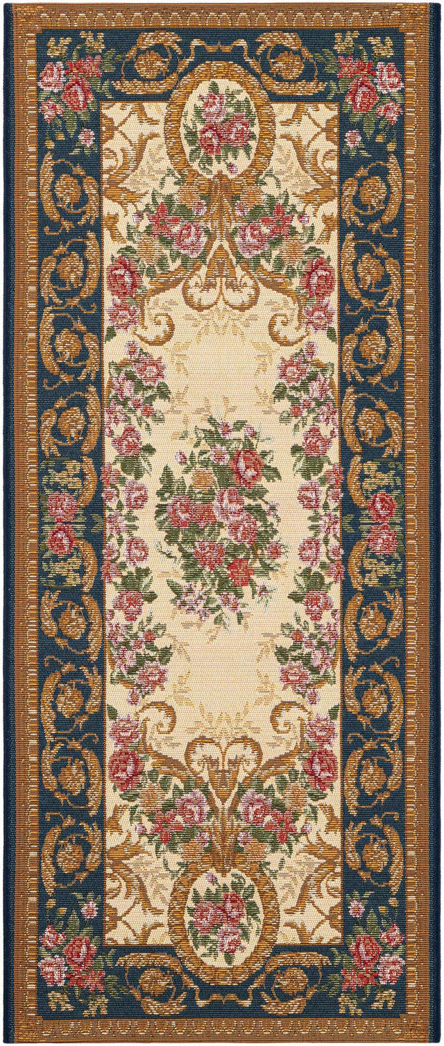 Navy Blue and Ivory 2' x 5' 1 Outdoor Traditional Runner Area Rug Weather Resistant for Patio, Deck, Terrace, Balcony, Porch Classical Design Outside Carpet for Sale at Rug Engine