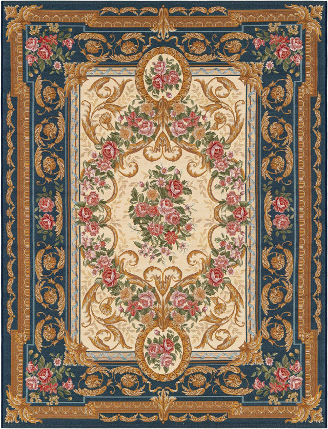 Navy Blue and Ivory 5' 1 x 7' 1 Outdoor Traditional Rectangle Area Rug Weather Resistant for Patio, Deck, Terrace, Balcony, Porch Classical Design Outside Carpet for Sale at Rug Engine