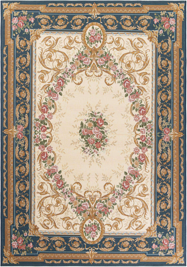 Navy Blue and Ivory 6' 1 x 9' Outdoor Traditional Rectangle Area Rug Weather Resistant for Patio, Deck, Terrace, Balcony, Porch Classical Design Outside Carpet for Sale at Rug Engine