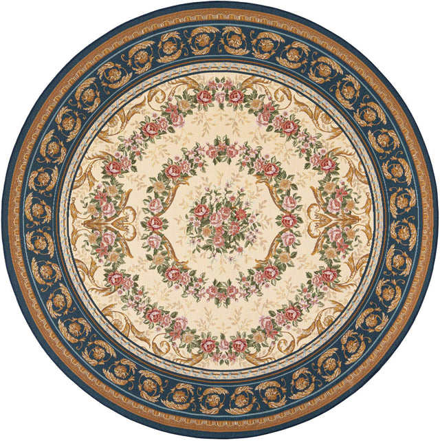 Navy Blue and Ivory 7' 10 x 7' 10 Outdoor Traditional Round Area Rug Weather Resistant for Patio, Deck, Terrace, Balcony, Porch Classical Design Outside Carpet for Sale at Rug Engine