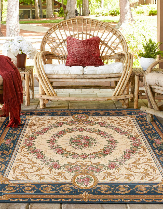 Navy Blue and Ivory 10' x 10' Outdoor Traditional Square Area Rug Weather Resistant for Patio, Deck, Terrace, Balcony, Porch Classical Design Outside Carpet for Sale at Rug Engine