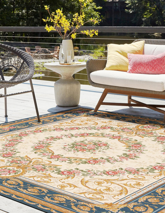 Navy Blue and Ivory 7' 10 x 7' 10 Outdoor Traditional Square Area Rug Weather Resistant for Patio, Deck, Terrace, Balcony, Porch Classical Design Outside Carpet for Sale at Rug Engine