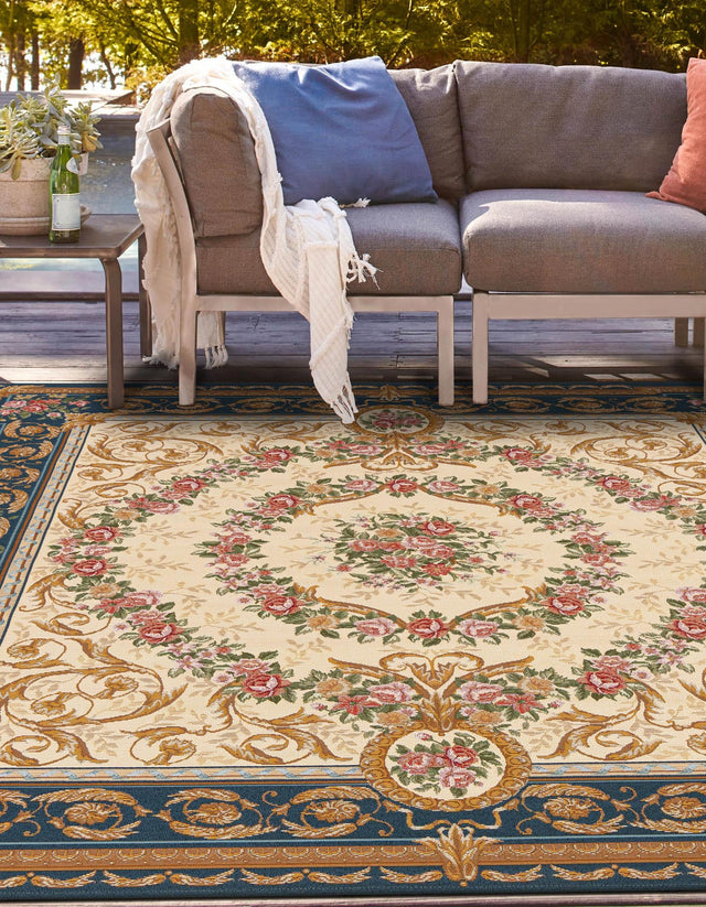 Navy Blue and Ivory 7' 10 x 7' 10 Outdoor Traditional Square Area Rug Weather Resistant for Patio, Deck, Terrace, Balcony, Porch Classical Design Outside Carpet for Sale at Rug Engine