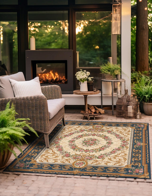 Navy Blue and Ivory 7' 10 x 7' 10 Outdoor Traditional Square Area Rug Weather Resistant for Patio, Deck, Terrace, Balcony, Porch Classical Design Outside Carpet for Sale at Rug Engine