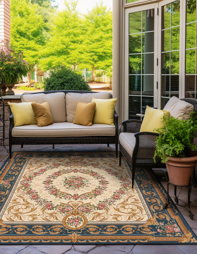Navy Blue and Ivory 7' 10 x 7' 10 Outdoor Traditional Square Area Rug Weather Resistant for Patio, Deck, Terrace, Balcony, Porch Classical Design Outside Carpet for Sale at Rug Engine