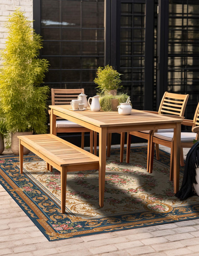 Navy Blue and Ivory 7' 10 x 7' 10 Outdoor Traditional Square Area Rug Weather Resistant for Patio, Deck, Terrace, Balcony, Porch Classical Design Outside Carpet for Sale at Rug Engine
