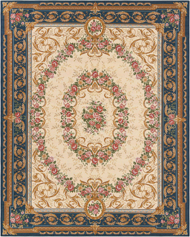 Navy Blue and Ivory 7' 10 x 10' Outdoor Traditional Rectangle Area Rug Weather Resistant for Patio, Deck, Terrace, Balcony, Porch Classical Design Outside Carpet for Sale at Rug Engine
