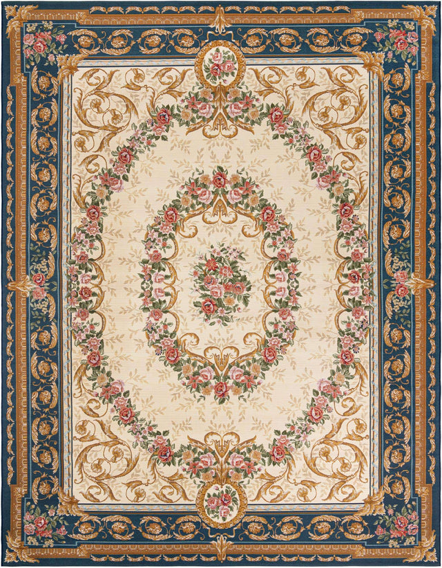 Navy Blue and Ivory 9' x 12' Outdoor Traditional Rectangle Area Rug Weather Resistant for Patio, Deck, Terrace, Balcony, Porch Classical Design Outside Carpet for Sale at Rug Engine