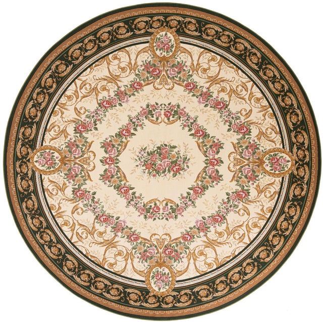 Green and Ivory 10' x 10' Outdoor Traditional Round Area Rug Weather Resistant for Patio, Deck, Terrace, Balcony, Porch Classical Design Outside Carpet for Sale at Rug Engine