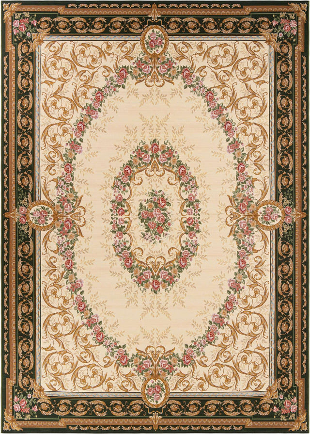 Green and Ivory 10' x 14' 1 Outdoor Traditional Rectangle Area Rug Weather Resistant for Patio, Deck, Terrace, Balcony, Porch Classical Design Outside Carpet for Sale at Rug Engine