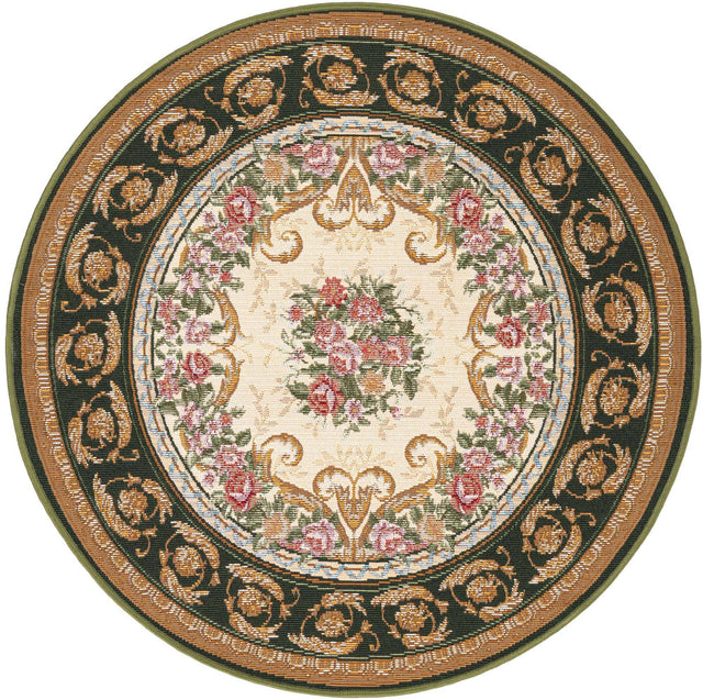 Green and Ivory 3' 1 x 3' 1 Outdoor Traditional Round Area Rug Weather Resistant for Patio, Deck, Terrace, Balcony, Porch Classical Design Outside Carpet for Sale at Rug Engine