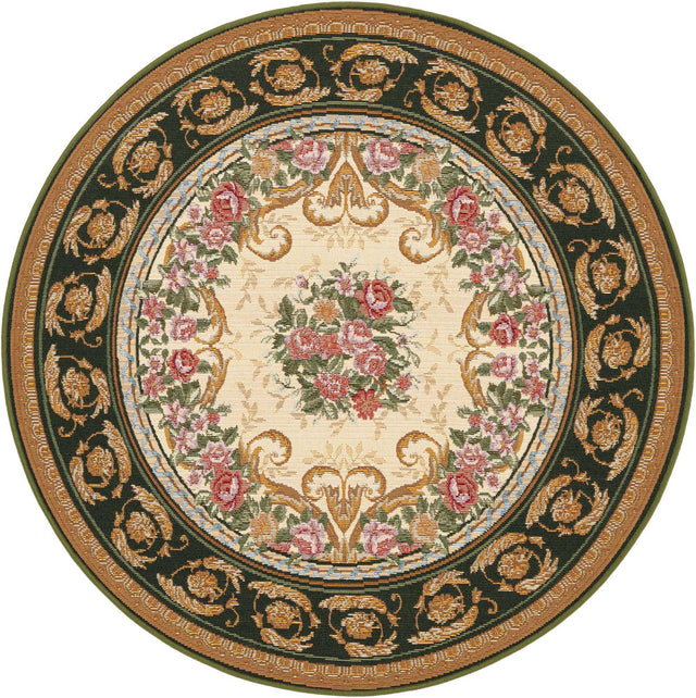 Green and Ivory 4' 1 x 4' 1 Outdoor Traditional Round Area Rug Weather Resistant for Patio, Deck, Terrace, Balcony, Porch Classical Design Outside Carpet for Sale at Rug Engine