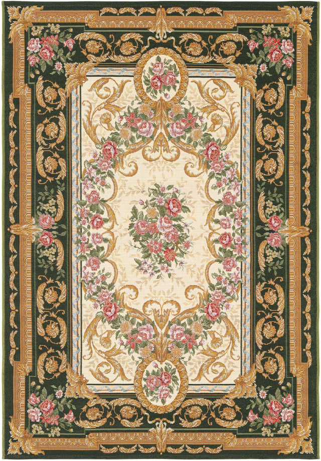 Green and Ivory 4' 1 x 6' 1 Outdoor Traditional Rectangle Area Rug Weather Resistant for Patio, Deck, Terrace, Balcony, Porch Classical Design Outside Carpet for Sale at Rug Engine