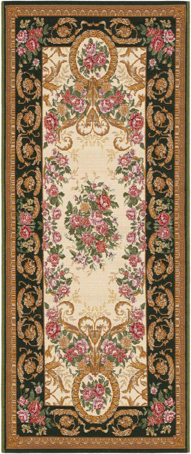 Green and Ivory 2' x 5' 1 Outdoor Traditional Runner Area Rug Weather Resistant for Patio, Deck, Terrace, Balcony, Porch Classical Design Outside Carpet for Sale at Rug Engine