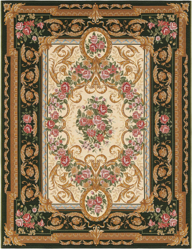 Green and Ivory 5' 1 x 7' 1 Outdoor Traditional Rectangle Area Rug Weather Resistant for Patio, Deck, Terrace, Balcony, Porch Classical Design Outside Carpet for Sale at Rug Engine