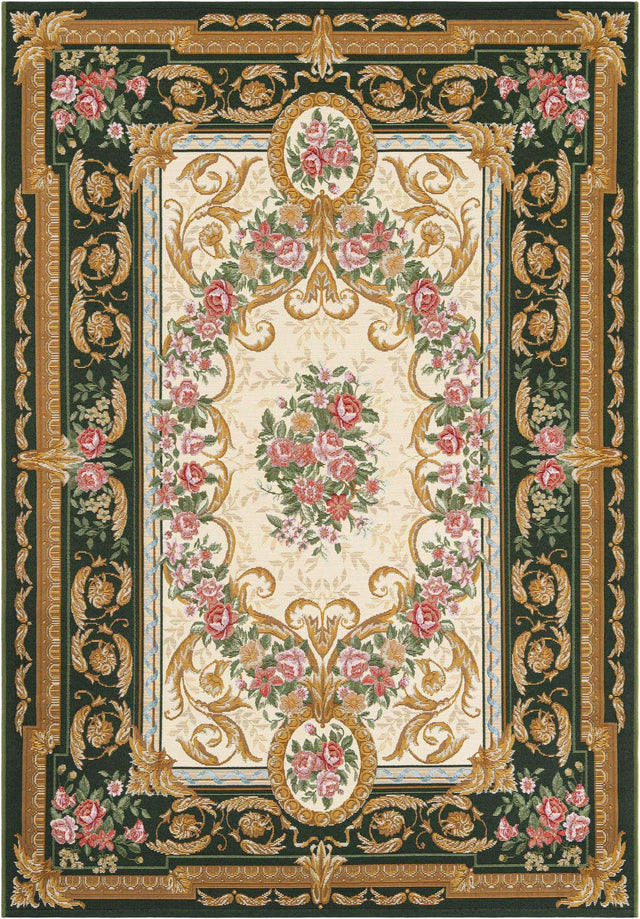 Green and Ivory 5' 1 x 8' Outdoor Traditional Rectangle Area Rug Weather Resistant for Patio, Deck, Terrace, Balcony, Porch Classical Design Outside Carpet for Sale at Rug Engine