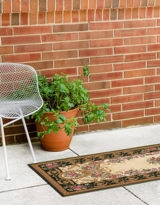 Green and Ivory 2' 7 x 10' Outdoor Traditional Runner Area Rug Weather Resistant for Patio, Deck, Terrace, Balcony, Porch Classical Design Outside Carpet for Sale at Rug Engine