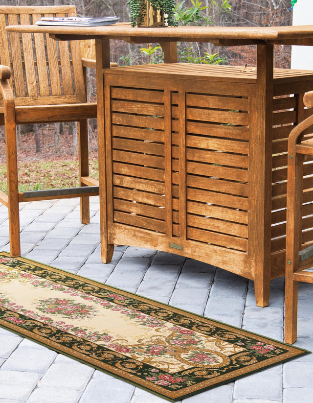Green and Ivory 2' 7 x 10' Outdoor Traditional Runner Area Rug Weather Resistant for Patio, Deck, Terrace, Balcony, Porch Classical Design Outside Carpet for Sale at Rug Engine