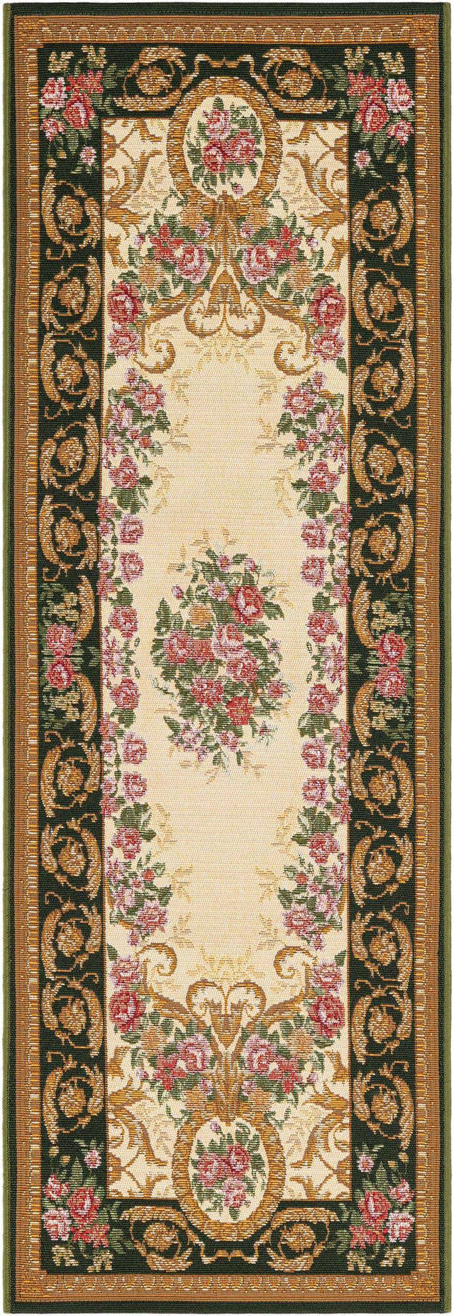 Green and Ivory 2' x 6' 1 Outdoor Traditional Runner Area Rug Weather Resistant for Patio, Deck, Terrace, Balcony, Porch Classical Design Outside Carpet for Sale at Rug Engine
