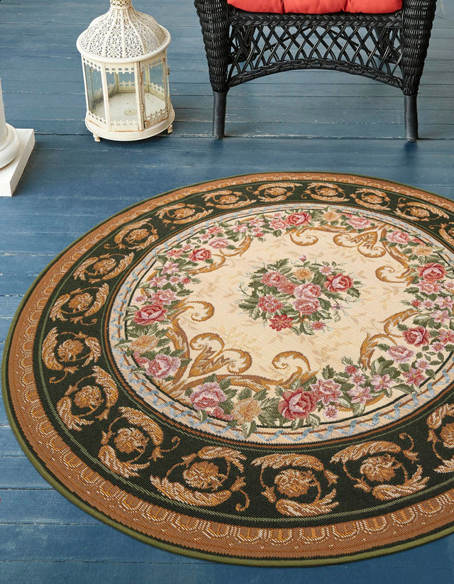 Green and Ivory 7' 10 x 7' 10 Outdoor Traditional Round Area Rug Weather Resistant for Patio, Deck, Terrace, Balcony, Porch Classical Design Outside Carpet for Sale at Rug Engine