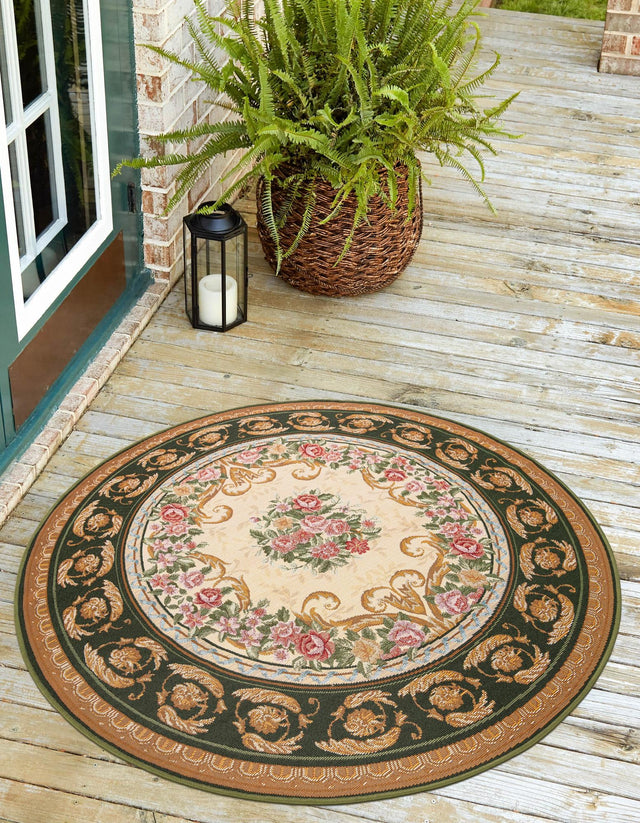 Green and Ivory 3' 1 x 3' 1 Outdoor Traditional Round Area Rug Weather Resistant for Patio, Deck, Terrace, Balcony, Porch Classical Design Outside Carpet for Sale at Rug Engine