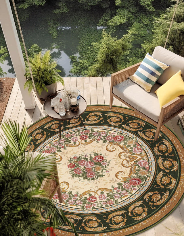 Green and Ivory 7' 10 x 7' 10 Outdoor Traditional Round Area Rug Weather Resistant for Patio, Deck, Terrace, Balcony, Porch Classical Design Outside Carpet for Sale at Rug Engine