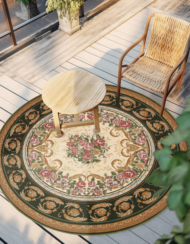 Green and Ivory 10' x 10' Outdoor Traditional Round Area Rug Weather Resistant for Patio, Deck, Terrace, Balcony, Porch Classical Design Outside Carpet for Sale at Rug Engine